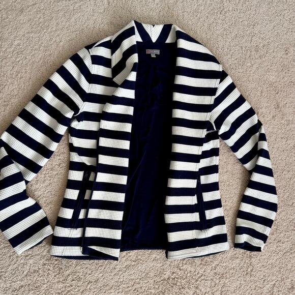 T Talbots Navy White Striped Preppy Nautical Asymmetrical Zip Moto Jacket Small - Picture 3 of 13